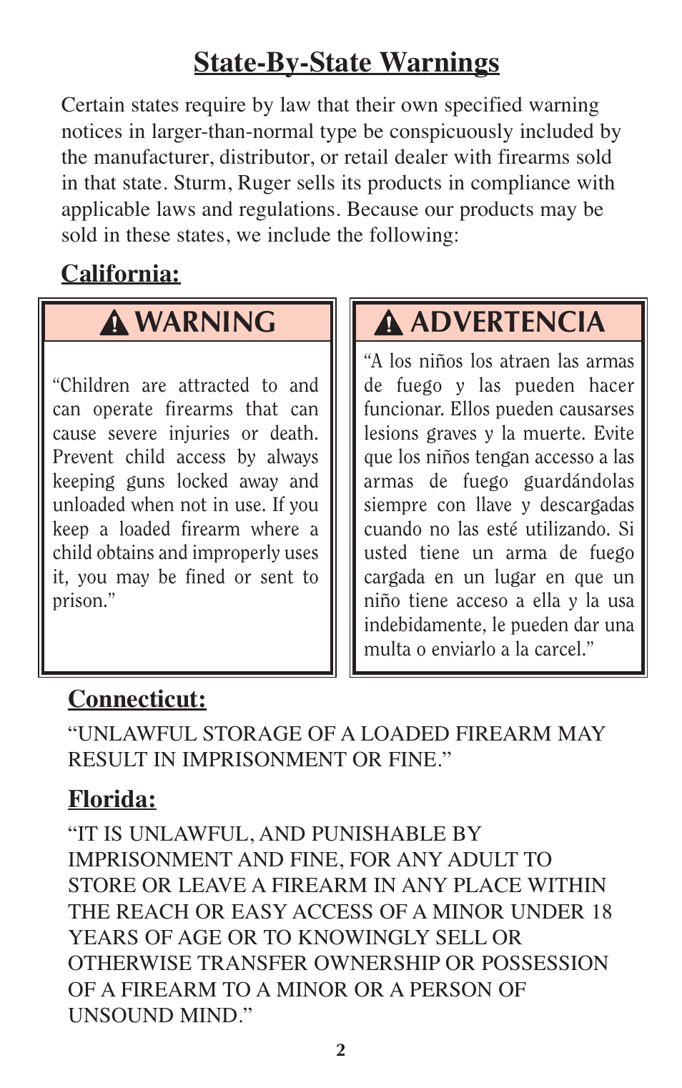 Warning, Advertencia, State-by-state warnings | Ruger Caulking Gun User Manual | Page 2 / 40