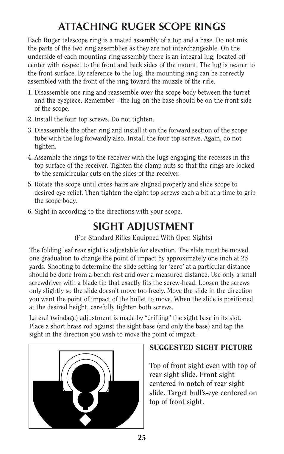 Attaching ruger scope rings, Sight adjustment | Ruger Caulking Gun User Manual | Page 25 / 40