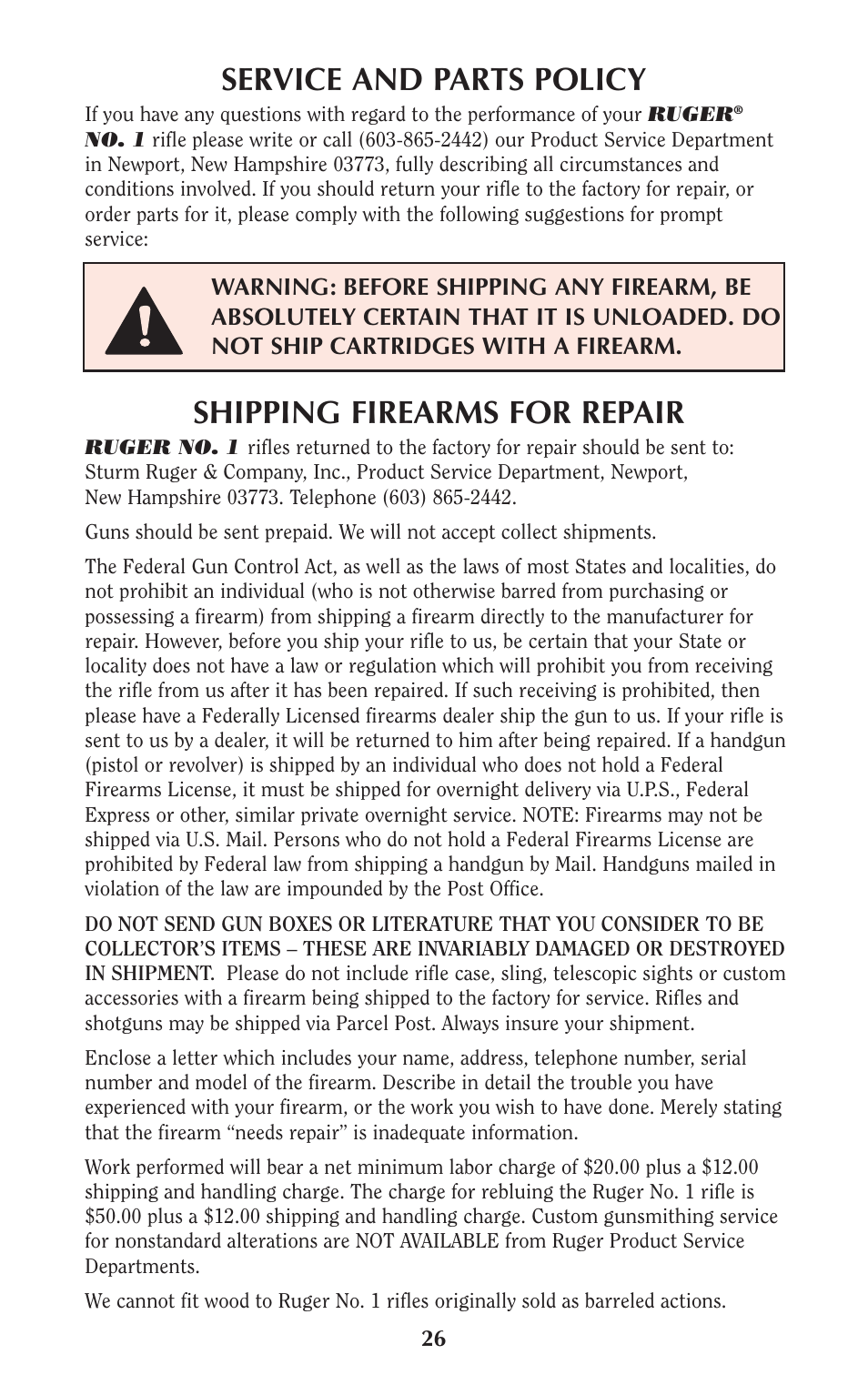 Service and parts policy, Shipping firearms for repair | Ruger Caulking Gun User Manual | Page 26 / 40
