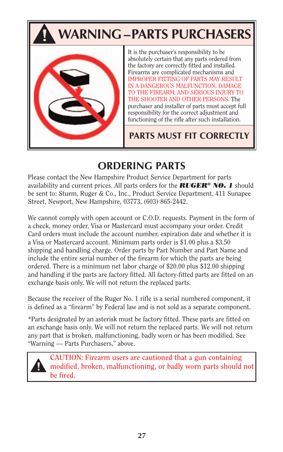 Warning –parts purchasers, Ordering parts, Parts must fit correctly | Ruger Caulking Gun User Manual | Page 27 / 40