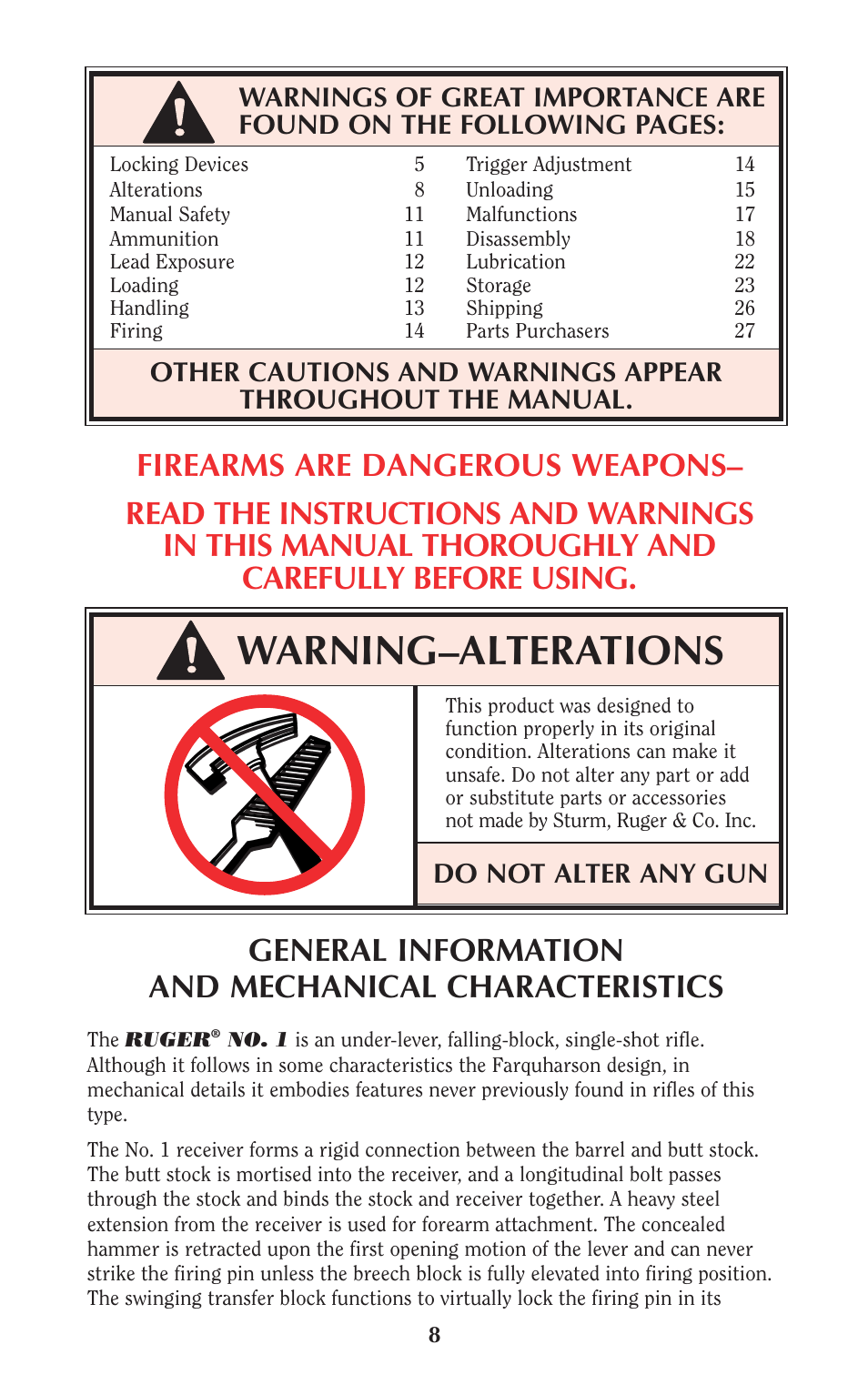 Warning–alterations, Do not alter any gun | Ruger Caulking Gun User Manual | Page 8 / 40