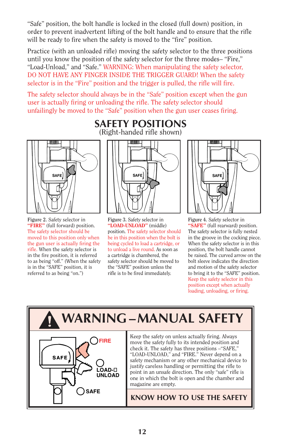 Warning – manual safety, Safety positions, Right-handed rifle shown) | Know how to use the safety | Ruger Hunting Equipment User Manual | Page 11 / 46