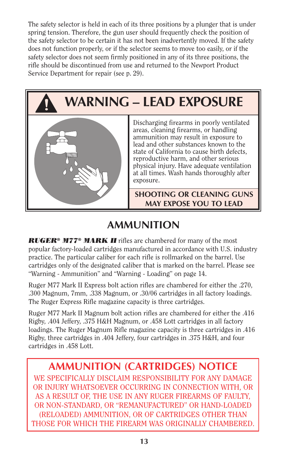 Warning – lead exposure, Ammunition, Ammunition (cartridges) notice | Ruger Hunting Equipment User Manual | Page 12 / 46