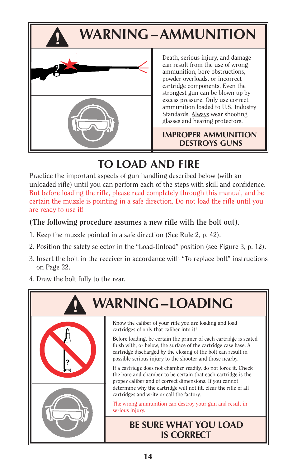 Warning – ammunition, Warning –loading, Be sure what you load is correct | Ruger Hunting Equipment User Manual | Page 13 / 46