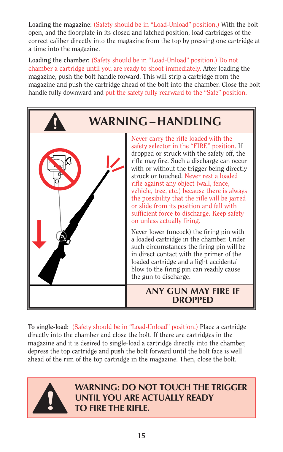 Warning – handling, Any gun may fire if dropped | Ruger Hunting Equipment User Manual | Page 14 / 46