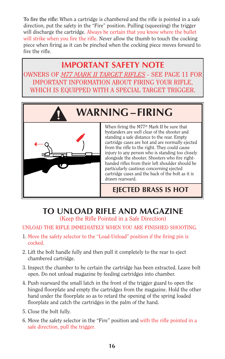 Warning – firing, Ejected brass is hot | Ruger Hunting Equipment User Manual | Page 15 / 46