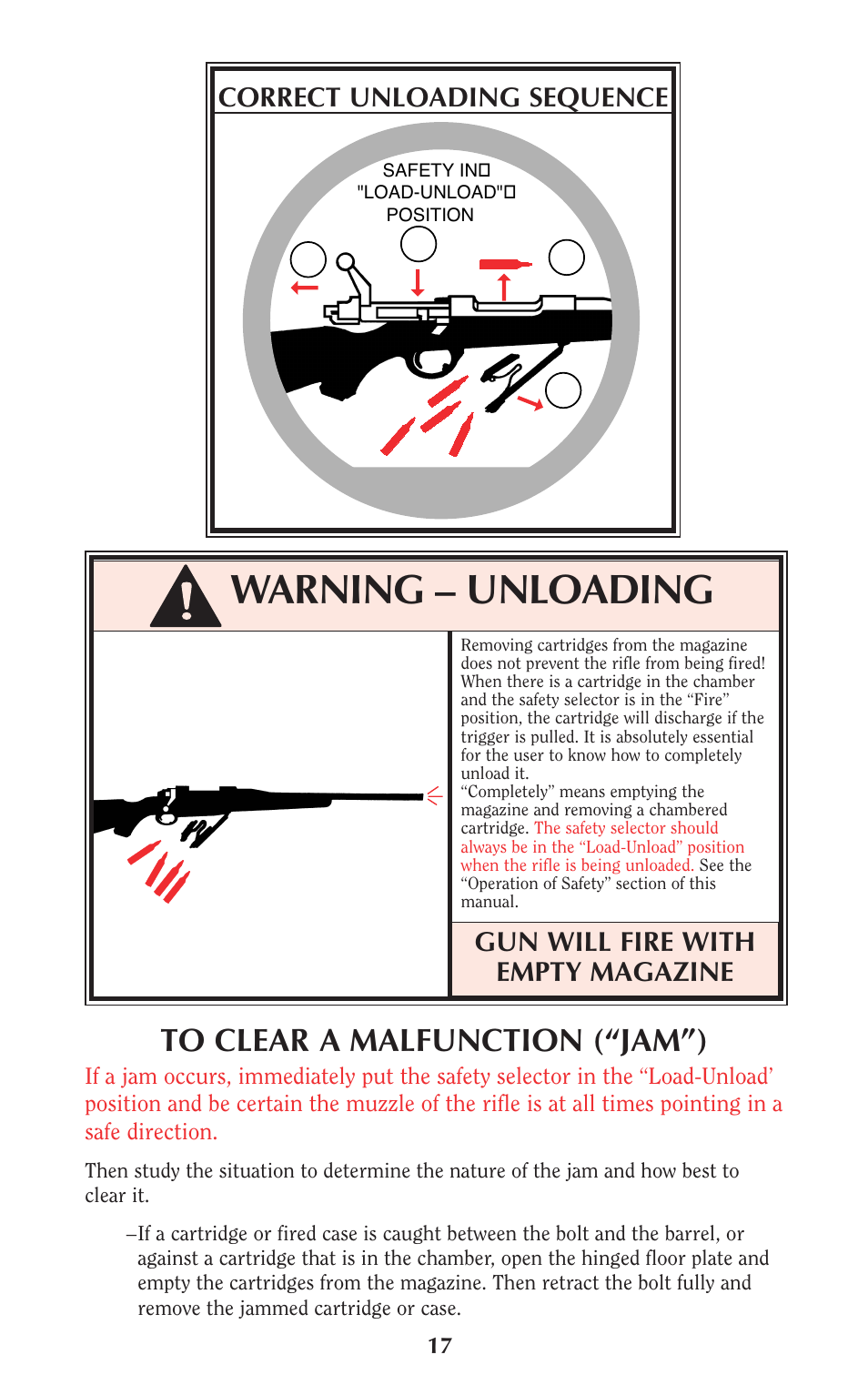 Warning – unloading, Gun will fire with empty magazine 2 1 3 4, Correct unloading sequence | Ruger Hunting Equipment User Manual | Page 16 / 46