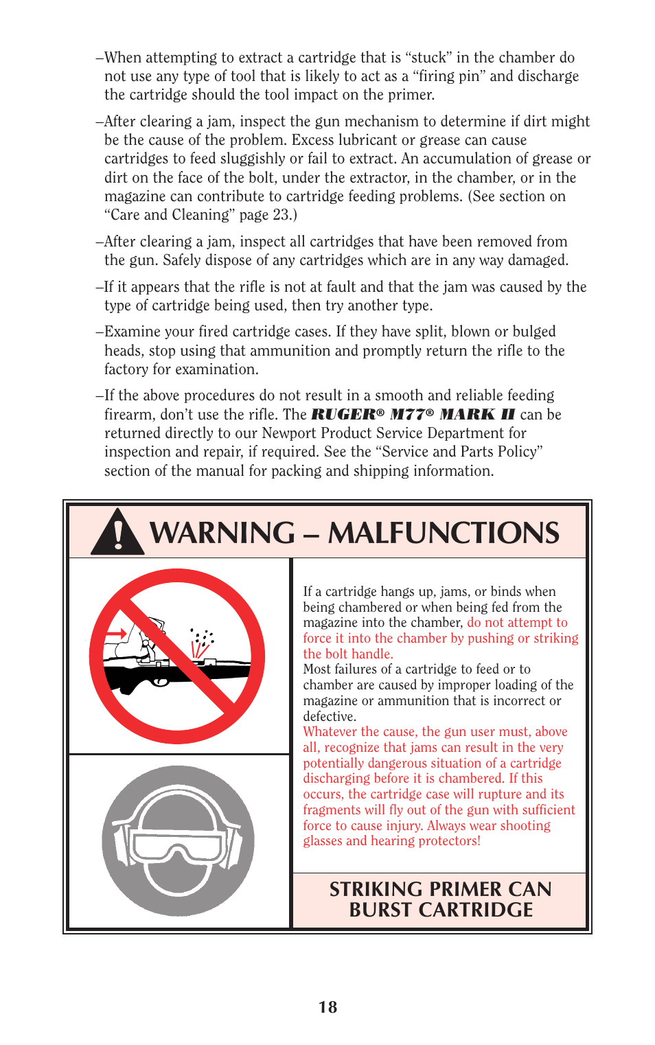 Warning – malfunctions, Striking primer can burst cartridge | Ruger Hunting Equipment User Manual | Page 17 / 46