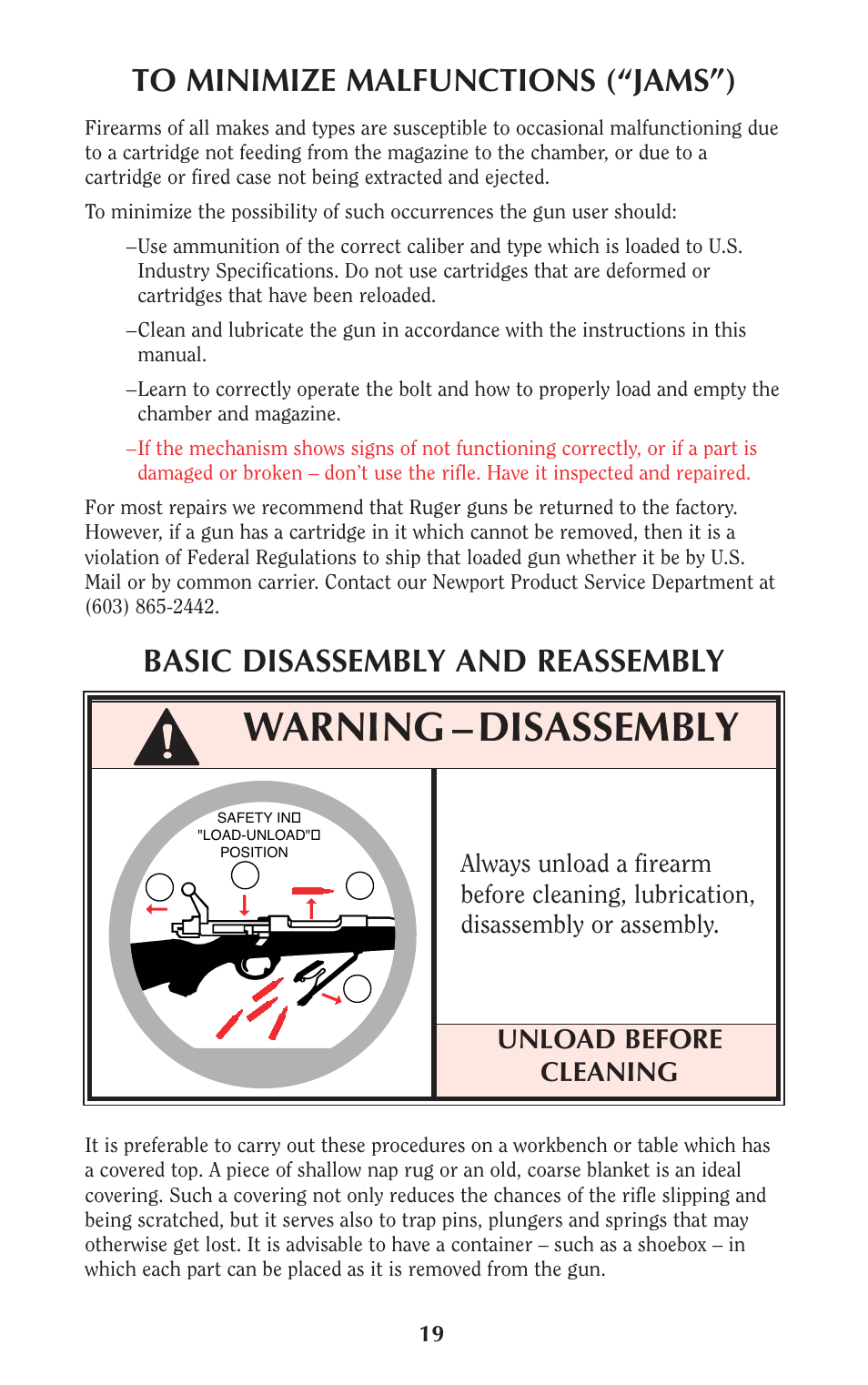 Warning – disassembly, Basic disassembly and reassembly, Unload before cleaning | Ruger Hunting Equipment User Manual | Page 18 / 46