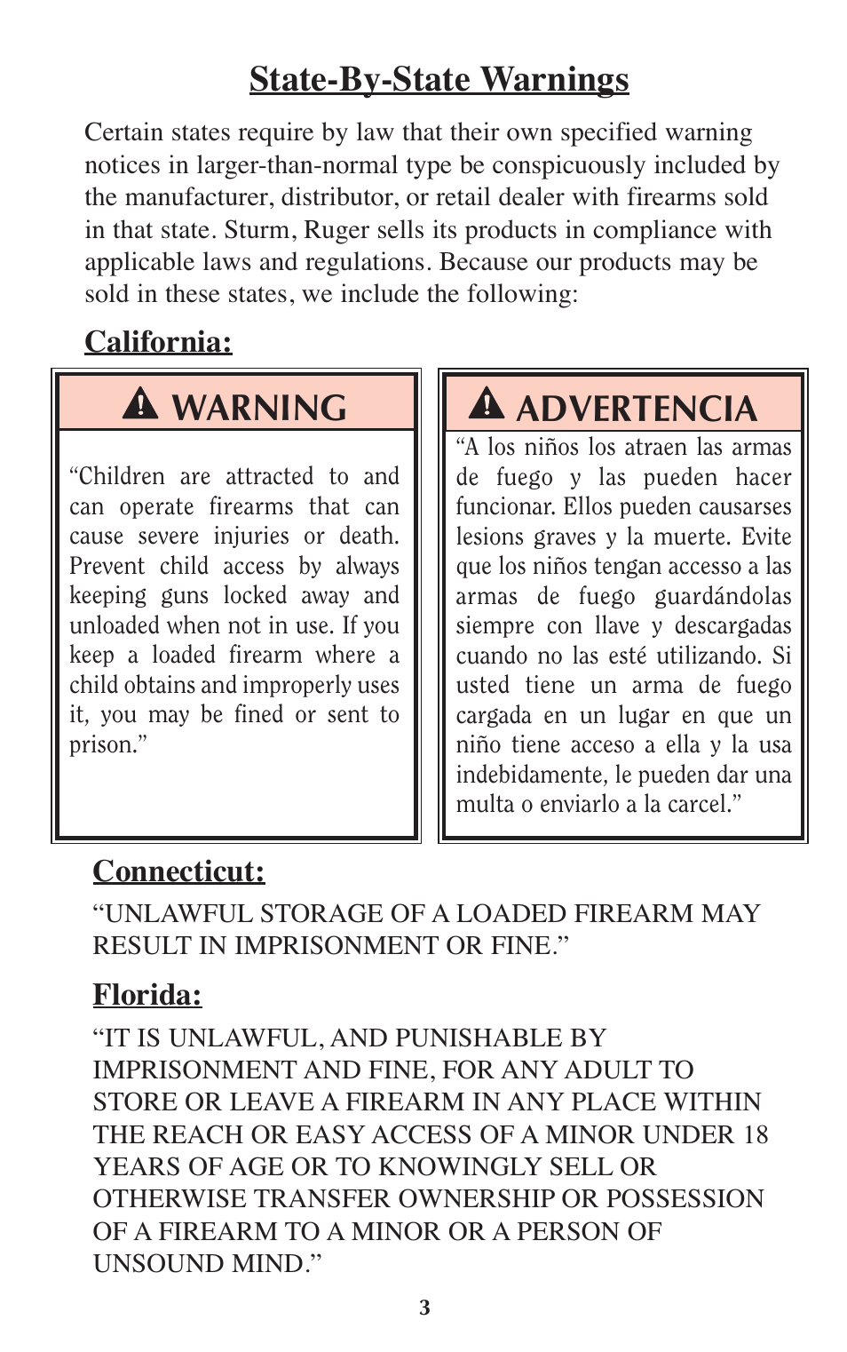 Warning, Advertencia, State-by-state warnings | Ruger Hunting Equipment User Manual | Page 2 / 46