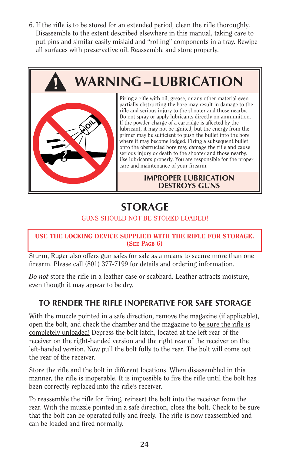 Warning – lubrication, Storage | Ruger Hunting Equipment User Manual | Page 23 / 46