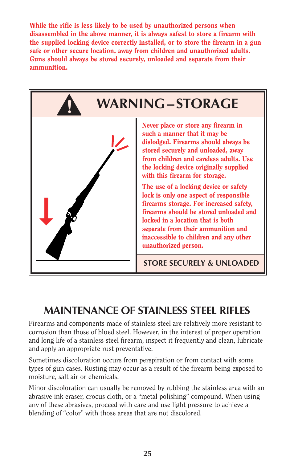 Warning – storage, Maintenance of stainless steel rifles | Ruger Hunting Equipment User Manual | Page 24 / 46