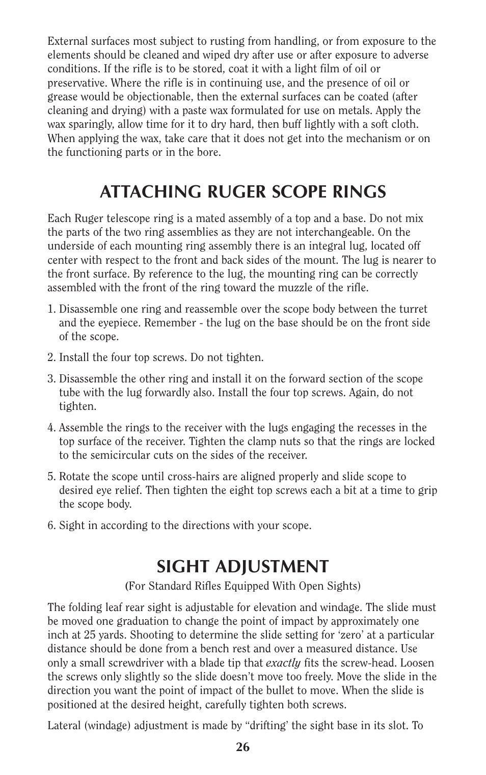 Attaching ruger scope rings, Sight adjustment | Ruger Hunting Equipment User Manual | Page 25 / 46