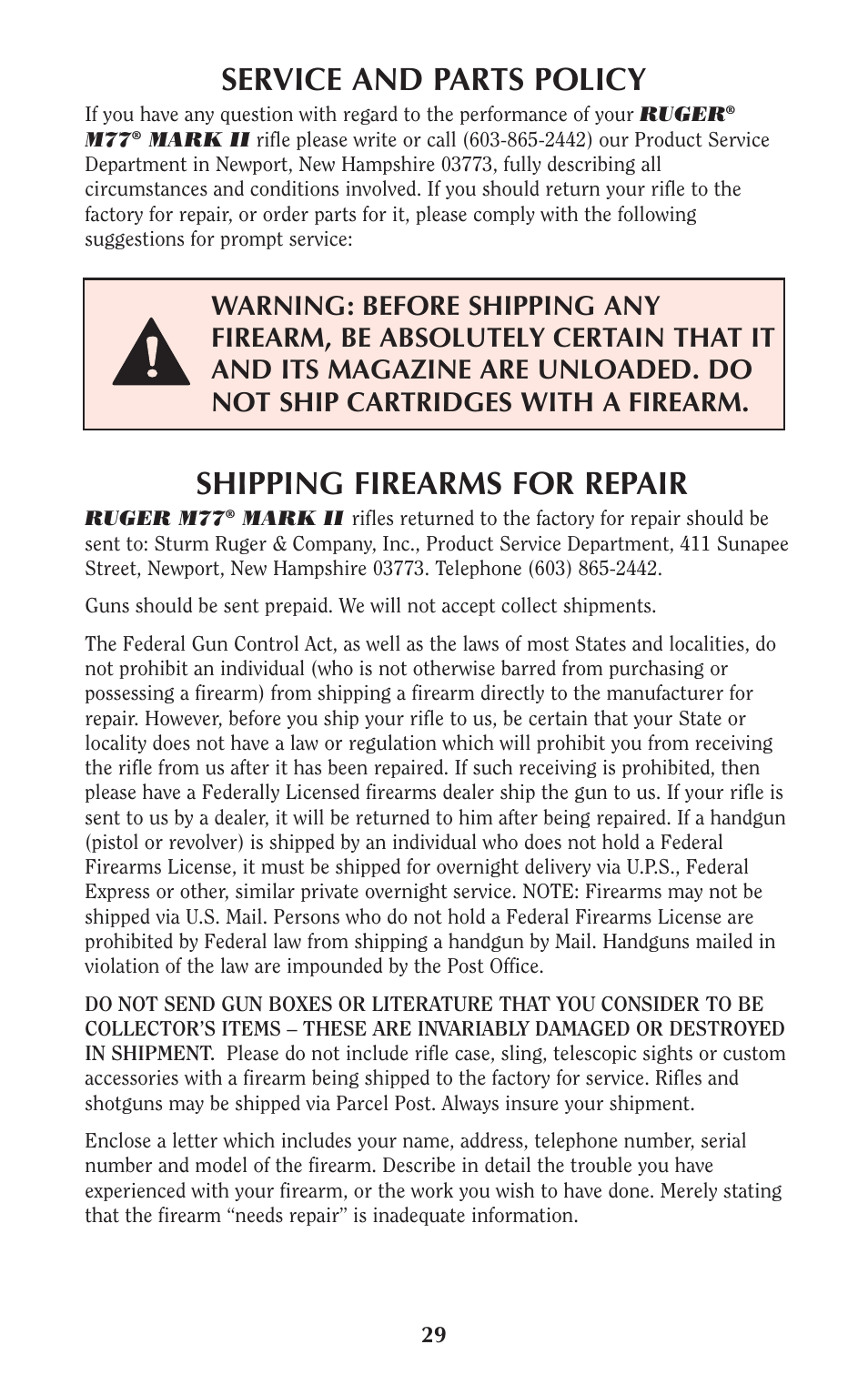 Service and parts policy, Shipping firearms for repair | Ruger Hunting Equipment User Manual | Page 28 / 46