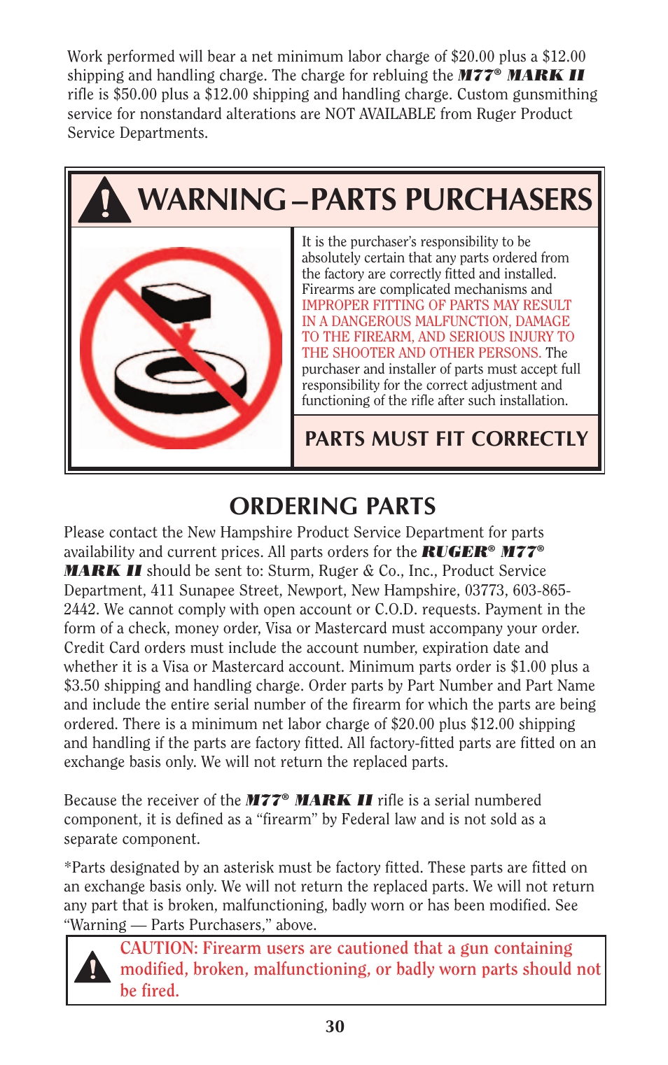 Warning –parts purchasers, Ordering parts, Parts must fit correctly | Ruger Hunting Equipment User Manual | Page 29 / 46