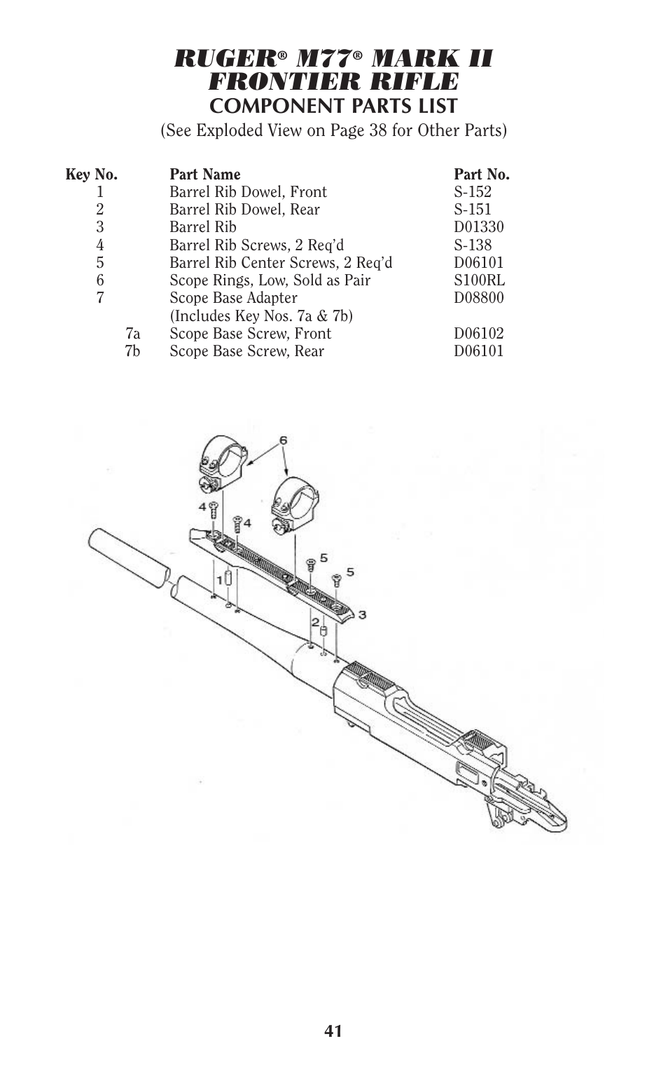 Ruger, Mark ii frontier rifle, Component parts list | Ruger Hunting Equipment User Manual | Page 40 / 46