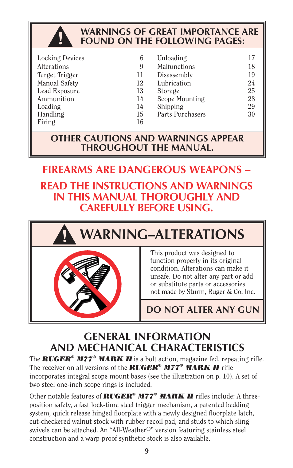 Warning–alterations, Do not alter any gun | Ruger Hunting Equipment User Manual | Page 8 / 46