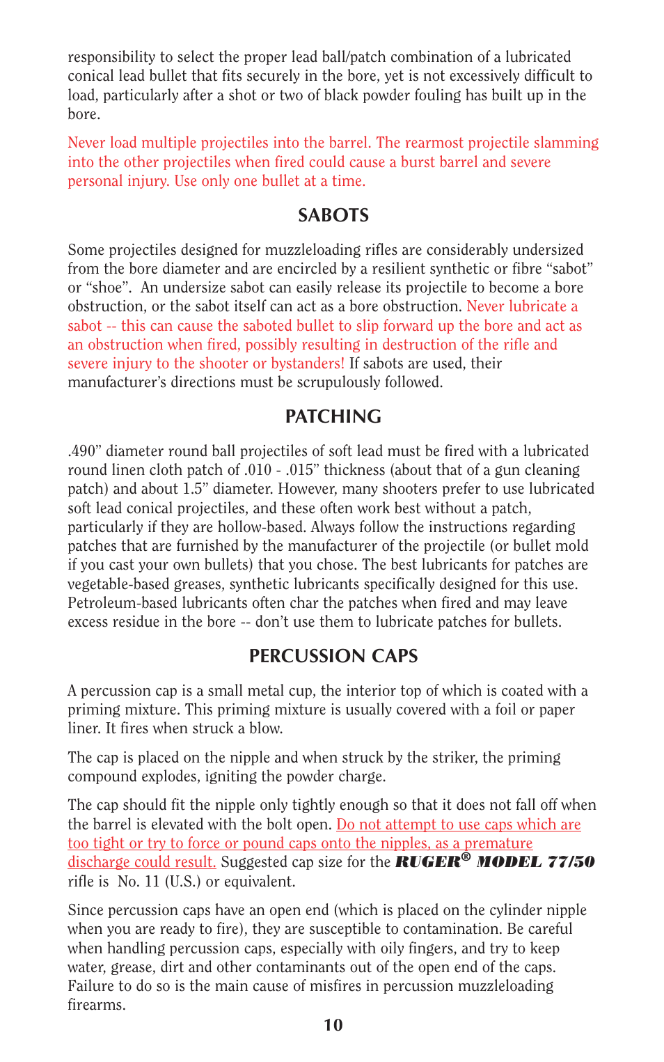 Sabots, Patching, Percussion caps | Ruger 77/50 User Manual | Page 10 / 48