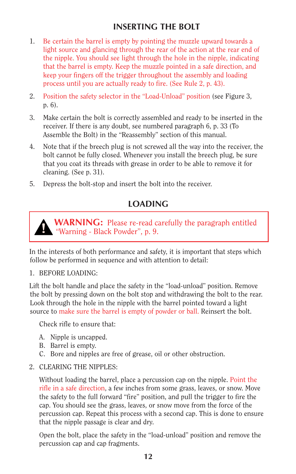 Warning, Inserting the bolt, Loading | Ruger 77/50 User Manual | Page 12 / 48