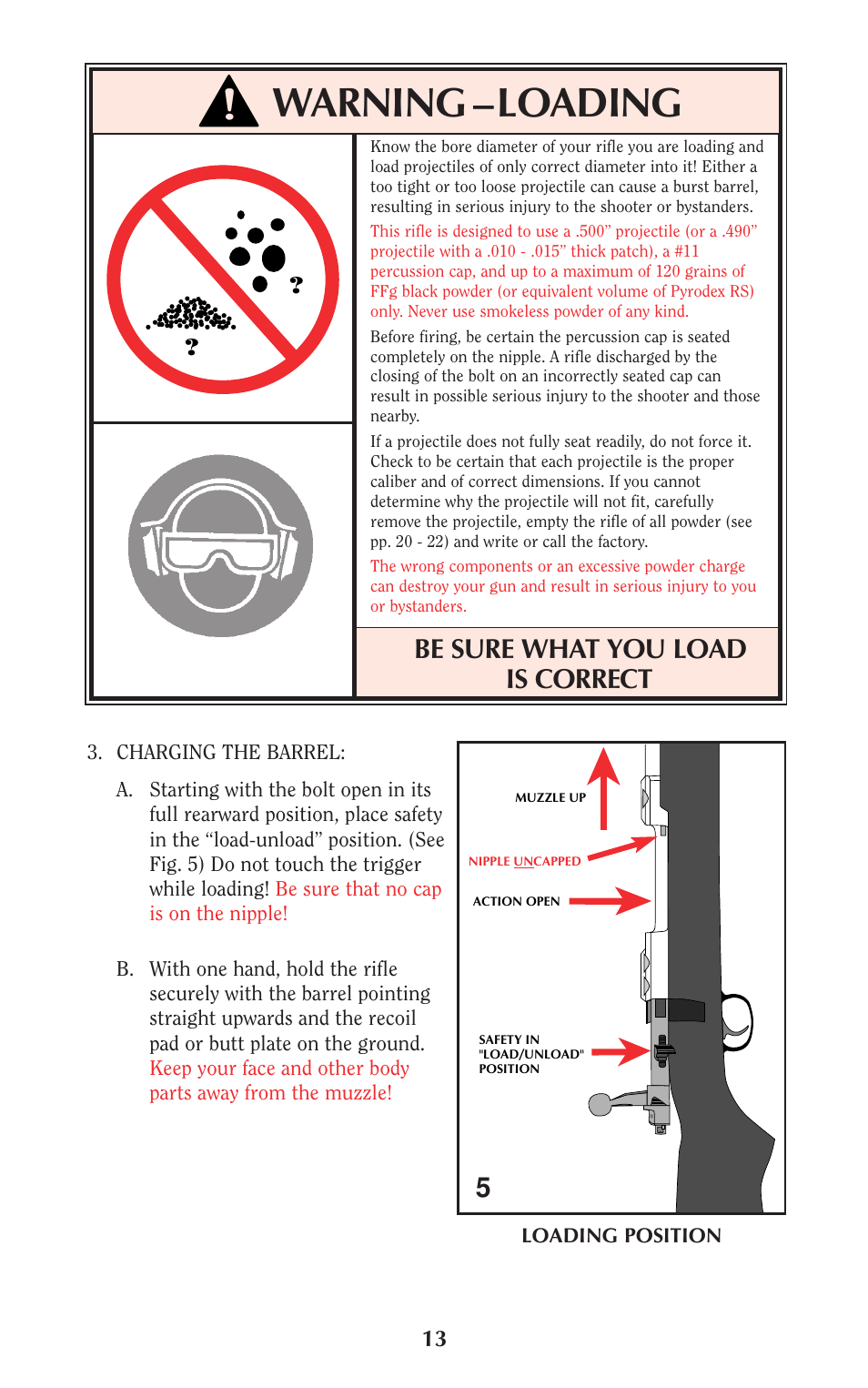 Warning –loading, Be sure what you load is correct | Ruger 77/50 User Manual | Page 13 / 48