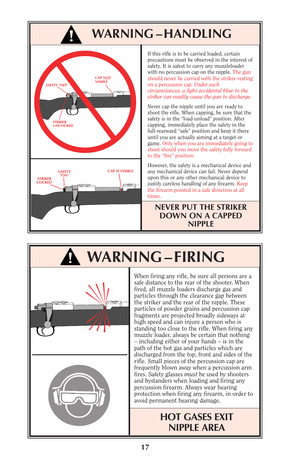 Warning – firing, Warning – handling, Hot gases exit nipple area | Never put the striker down on a capped nipple | Ruger 77/50 User Manual | Page 17 / 48