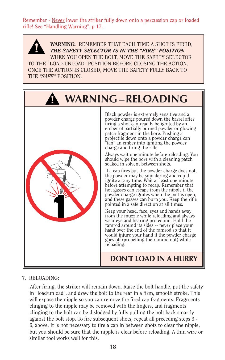 Warning – reloading | Ruger 77/50 User Manual | Page 18 / 48