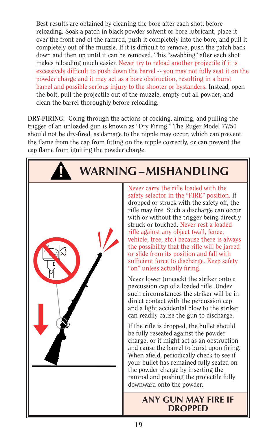 Warning – mishandling, Any gun may fire if dropped | Ruger 77/50 User Manual | Page 19 / 48