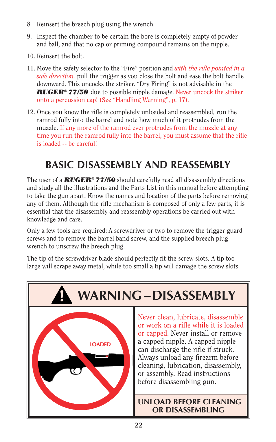 Warning – disassembly, Basic disassembly and reassembly | Ruger 77/50 User Manual | Page 22 / 48