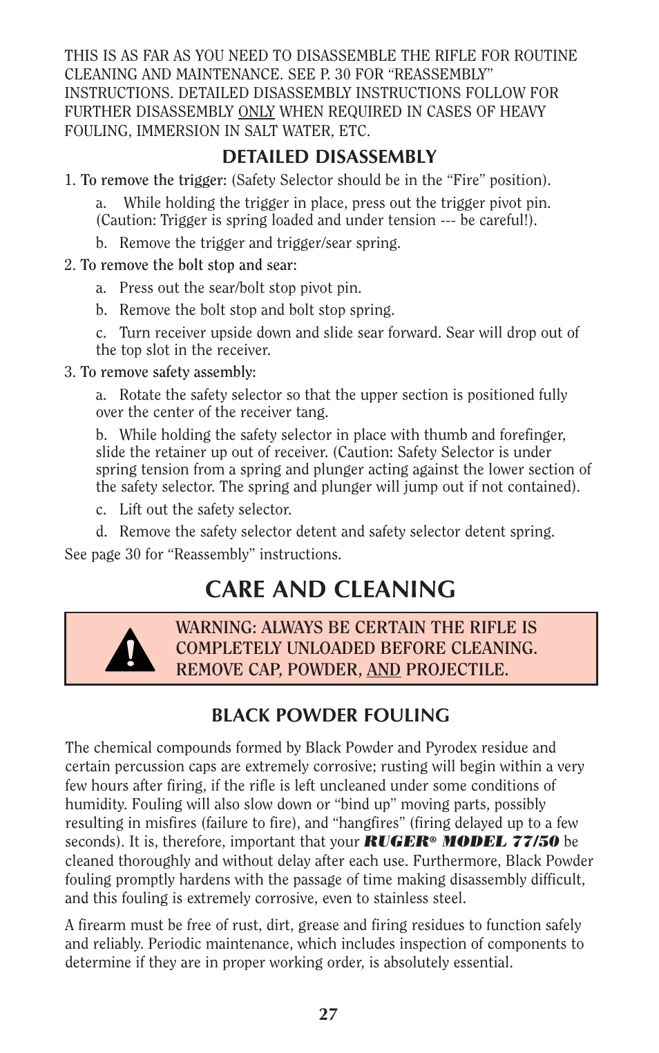 Care and cleaning | Ruger 77/50 User Manual | Page 27 / 48