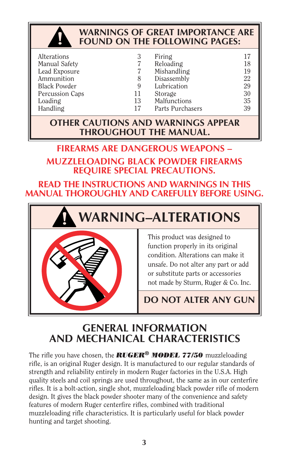 Warning–alterations, General information and mechanical characteristics, Do not alter any gun | Ruger 77/50 User Manual | Page 3 / 48