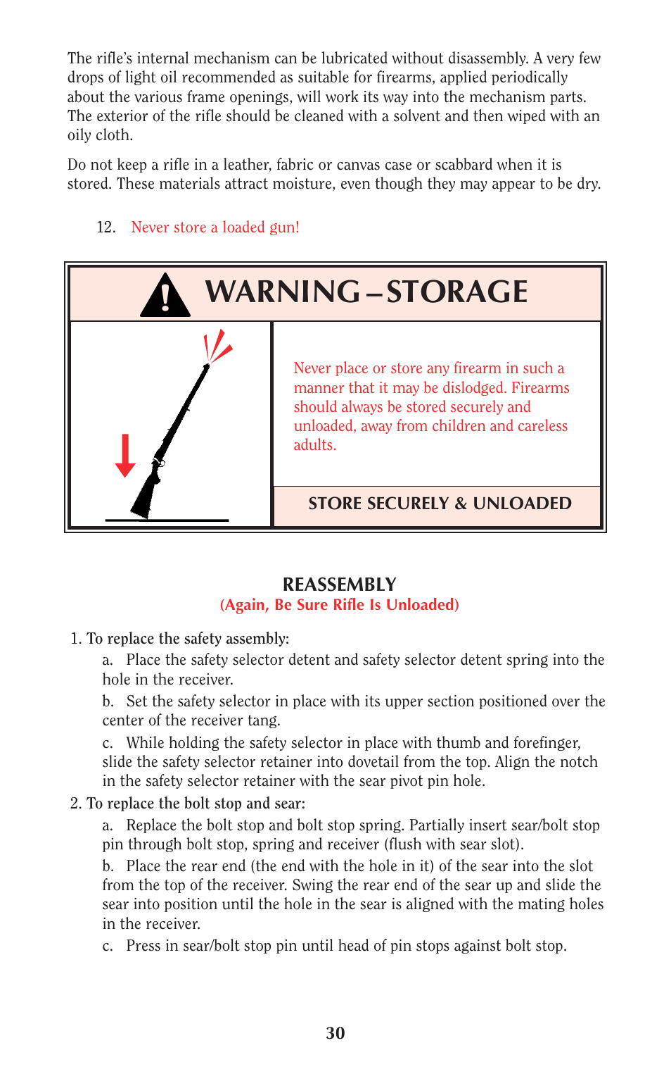 Warning – storage | Ruger 77/50 User Manual | Page 30 / 48