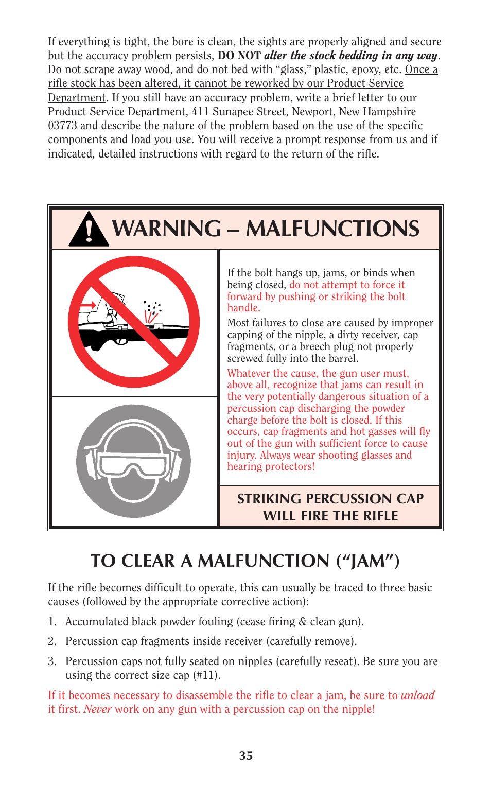 Warning – malfunctions | Ruger 77/50 User Manual | Page 35 / 48