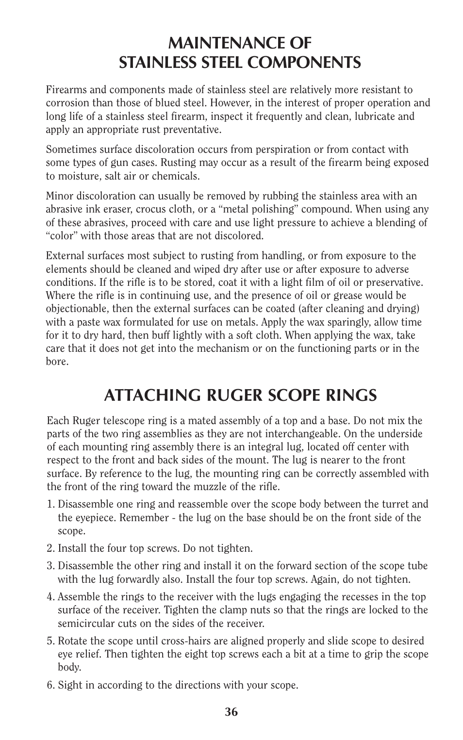 Maintenance of stainless steel components, Attaching ruger scope rings | Ruger 77/50 User Manual | Page 36 / 48