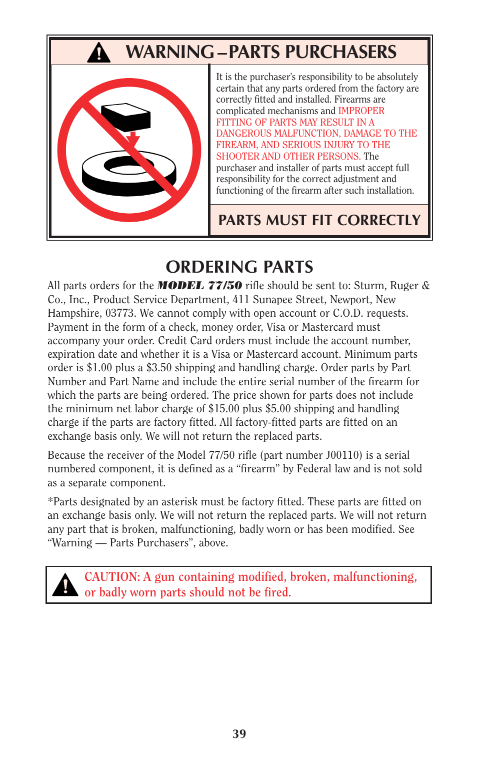 Warning –parts purchasers, Ordering parts, Parts must fit correctly | Ruger 77/50 User Manual | Page 39 / 48