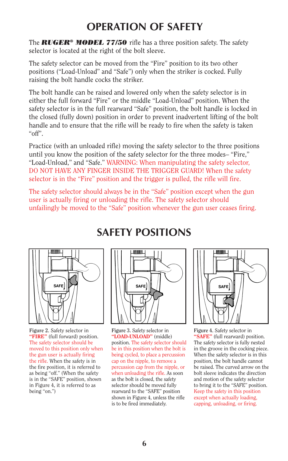 Operation of safety, Safety positions | Ruger 77/50 User Manual | Page 6 / 48