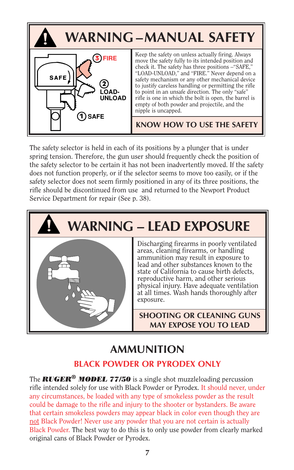 Warning – manual safety, Warning – lead exposure, Ammunition | Ruger 77/50 User Manual | Page 7 / 48