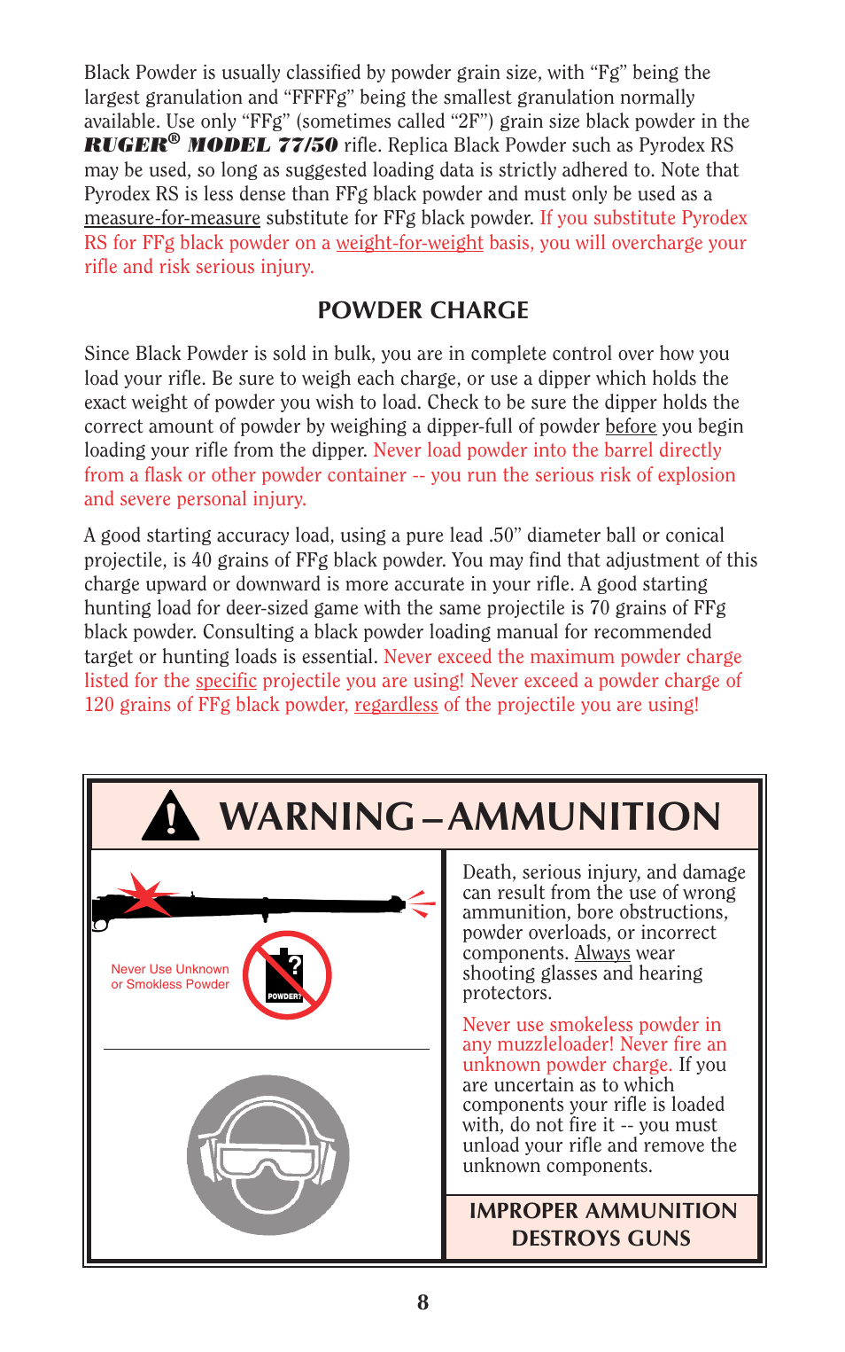 Warning – ammunition | Ruger 77/50 User Manual | Page 8 / 48
