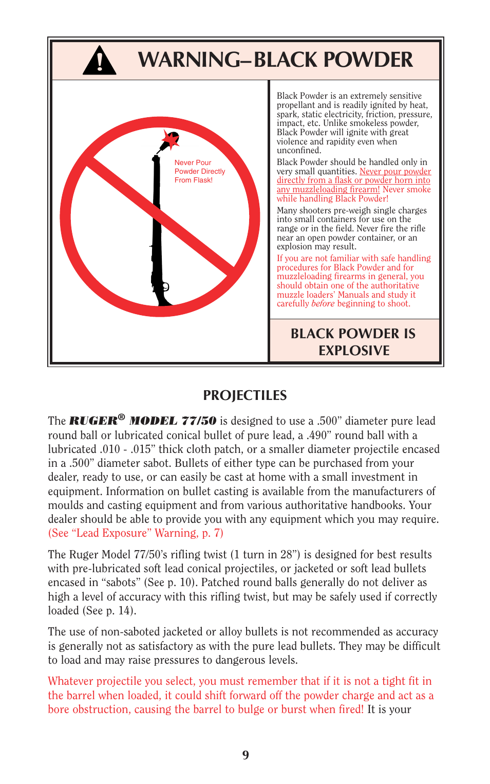Warning–black powder, Black powder is explosive, Projectiles | Ruger 77/50 User Manual | Page 9 / 48