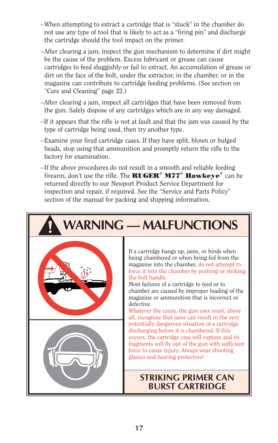 Warning — malfunctions, Striking primer can burst cartridge | Ruger M77 User Manual | Page 16 / 42