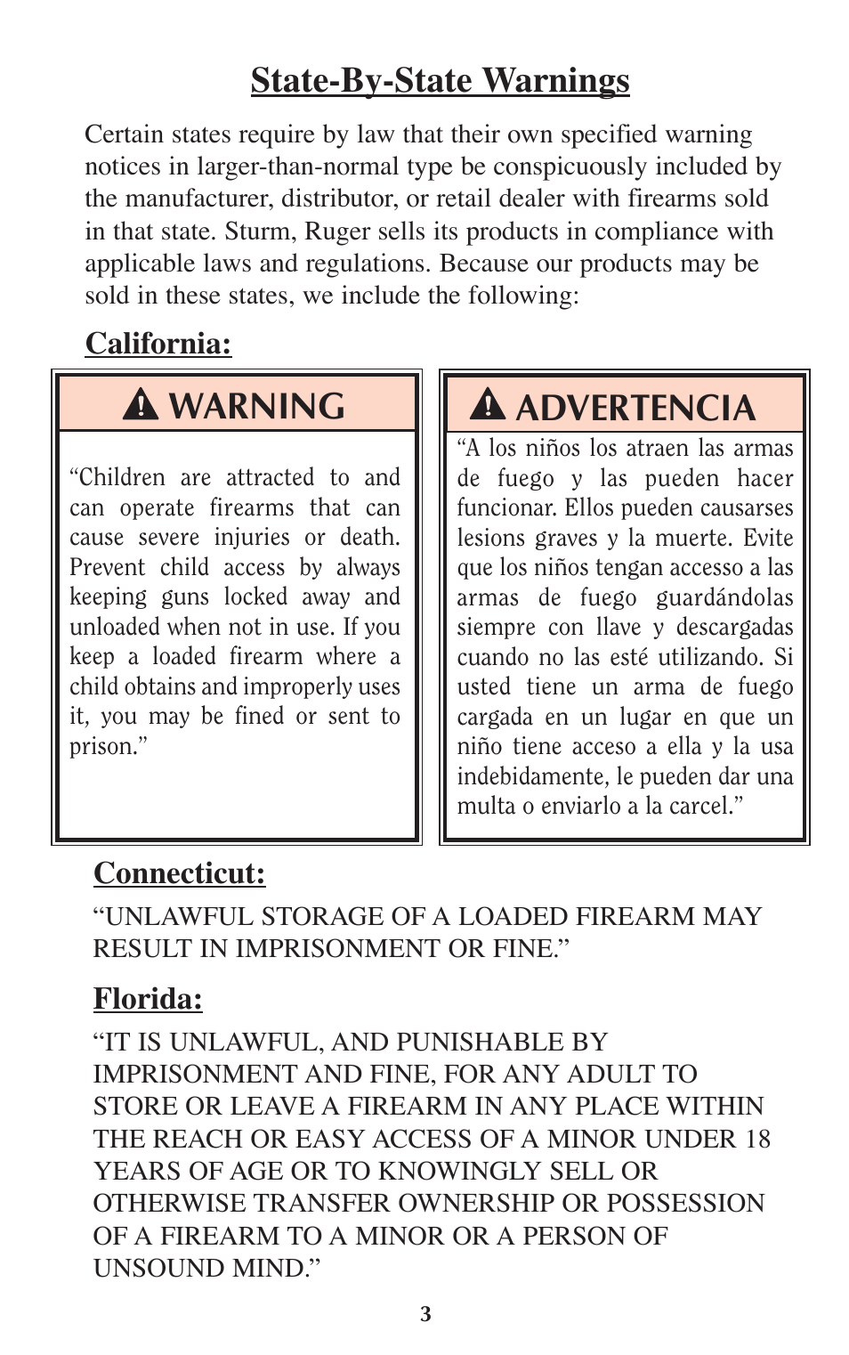 Warning, Advertencia, State-by-state warnings | Ruger M77 User Manual | Page 2 / 42