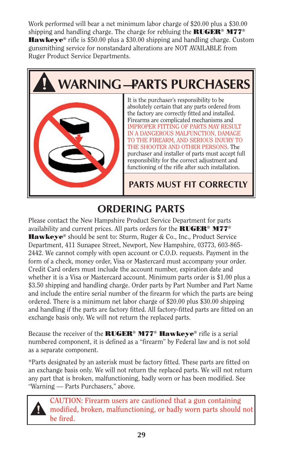 Warning —parts purchasers, Ordering parts, Parts must fit correctly | Ruger M77 User Manual | Page 28 / 42