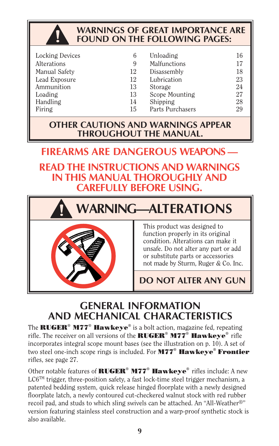 Warning—alterations, Do not alter any gun | Ruger M77 User Manual | Page 8 / 42