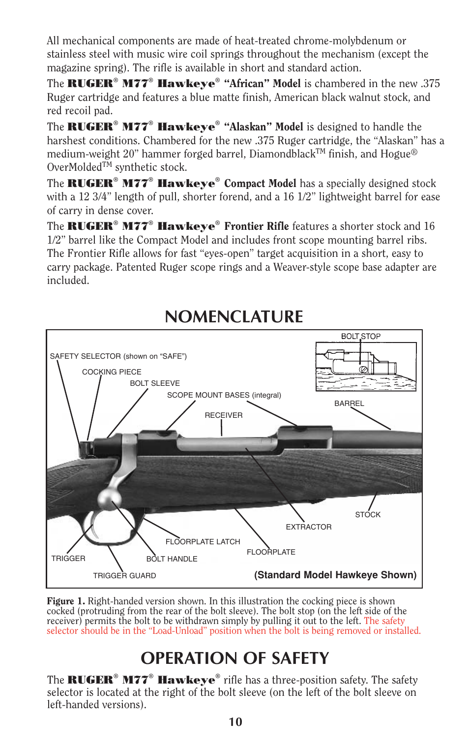 Operation of safety, Nomenclature, Hawkeye | Finish, and hogue, Overmolded, Synthetic stock. the ruger, The ruger | Ruger M77 User Manual | Page 9 / 42