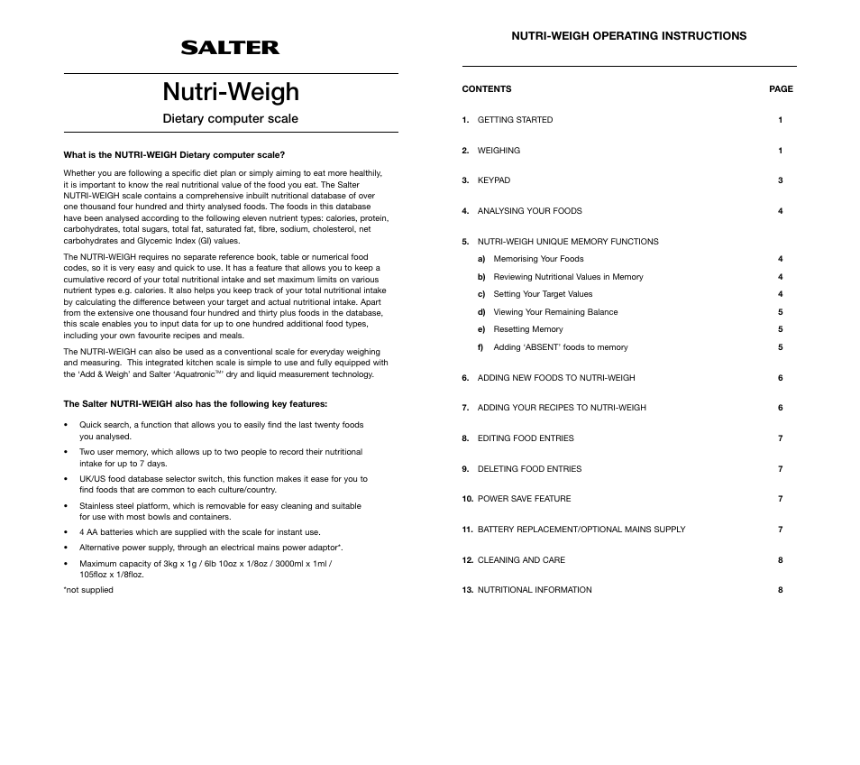 Enutri-weigh, Dietary computer scale | Salter Housewares Nutri-Weigh instruction manual User Manual | Page 2 / 7