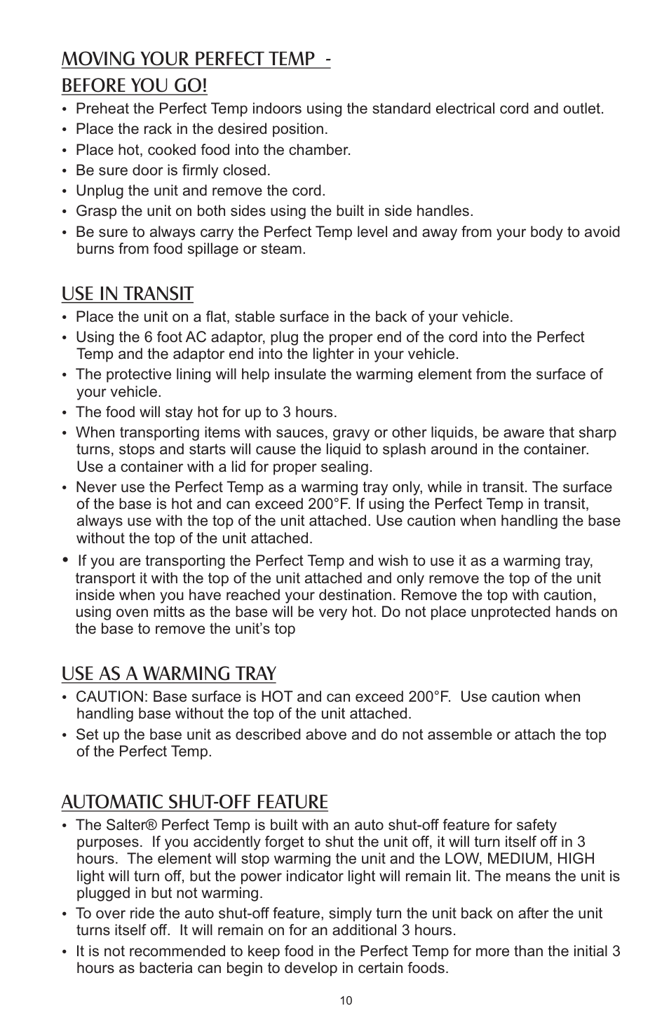 Moving your perfect temp - before you go, Use in transit, Use as a warming tray | Automatic shut-off feature | Salter Housewares AW1000 User Manual | Page 10 / 14