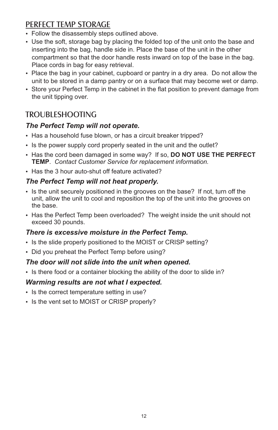 Perfect temp, Troubleshooting, Storage | Salter Housewares AW1000 User Manual | Page 12 / 14