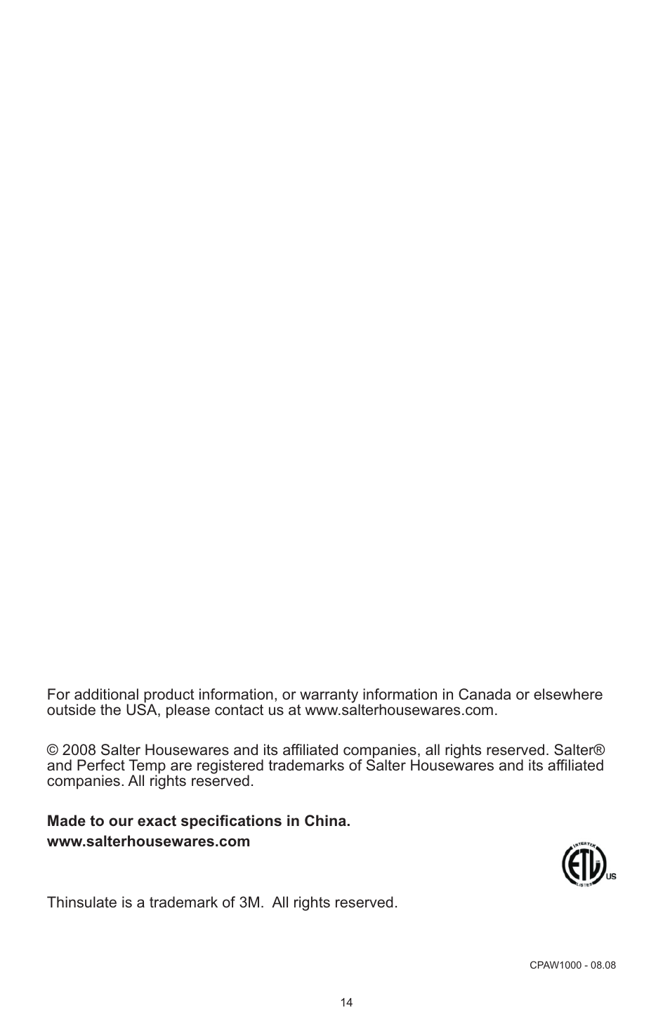 Salter Housewares AW1000 User Manual | Page 14 / 14