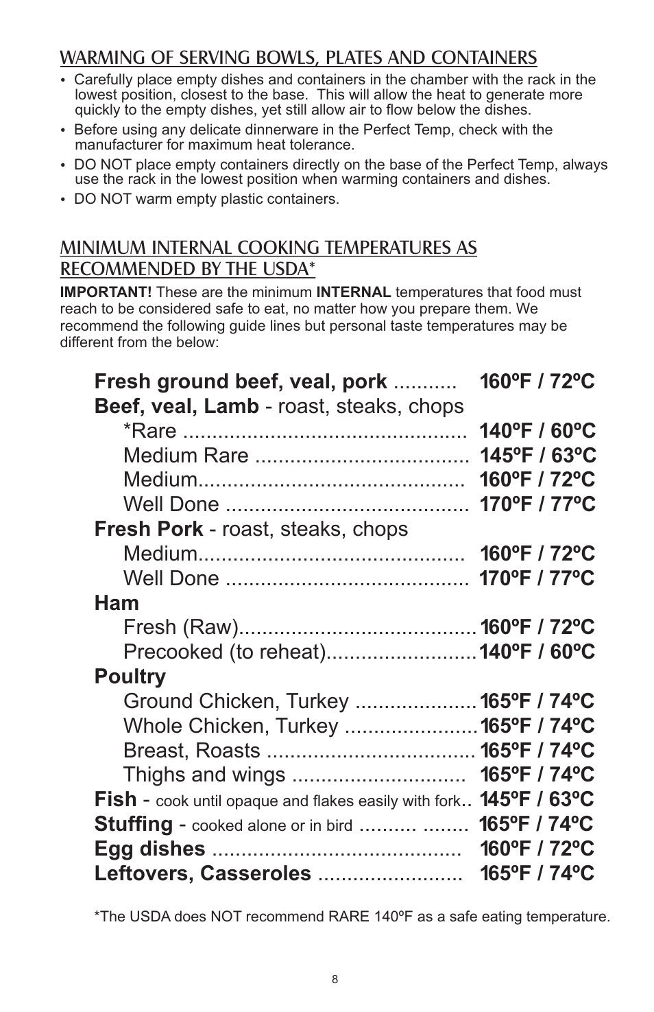 ºf / 63ºc stuffing, Warming of serving bowls, plates and containers | Salter Housewares AW1000 User Manual | Page 8 / 14