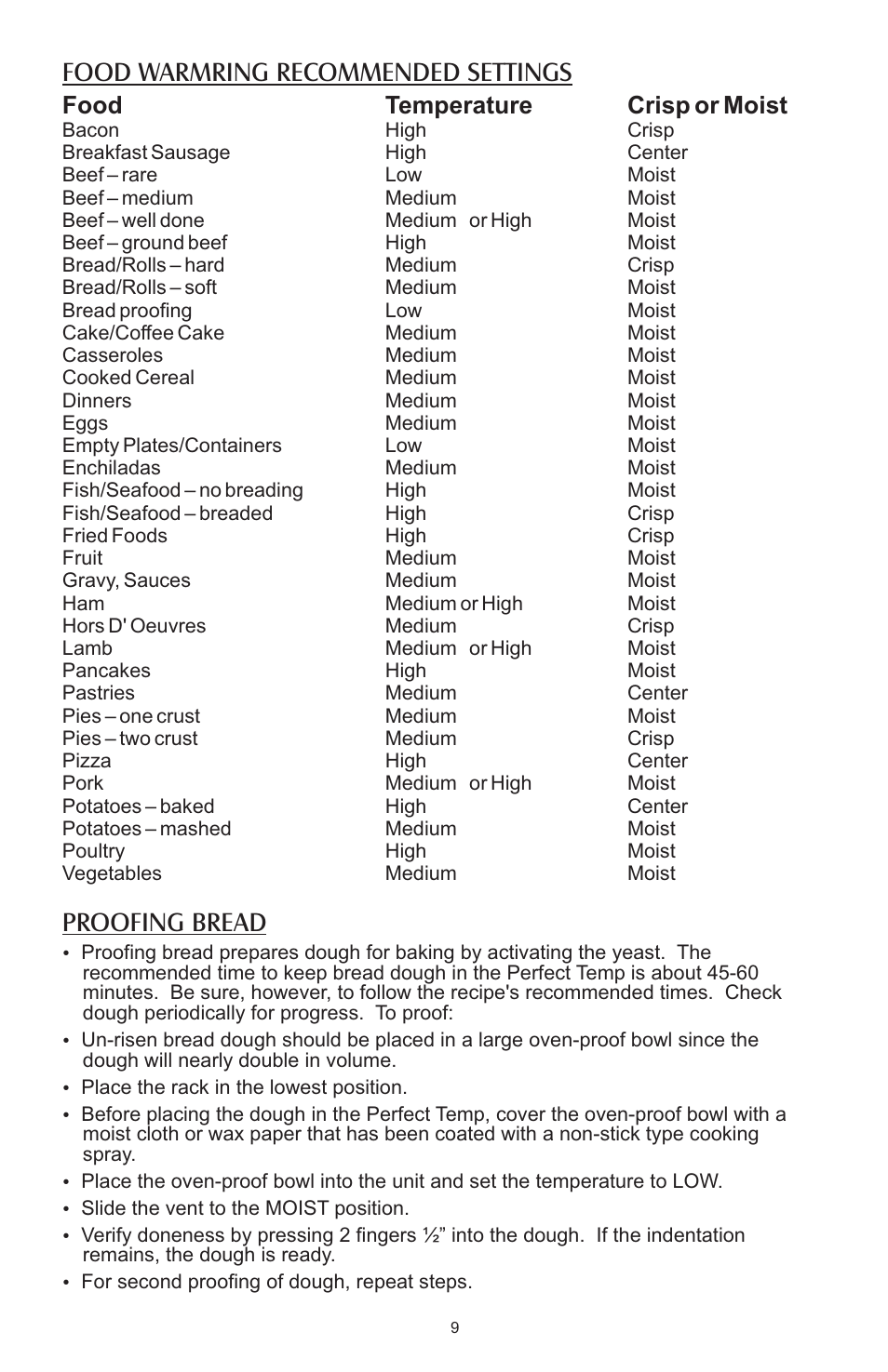 Food warmring recommended settings, Proofing bread, Food temperature crisp or moist | Salter Housewares AW1000 User Manual | Page 9 / 14
