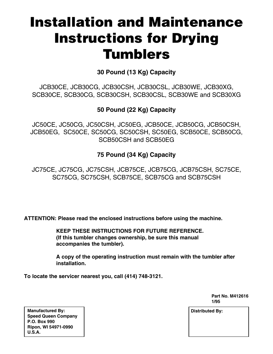 Speed Queen Drying Tumblers SCB50EG User Manual | 66 pages